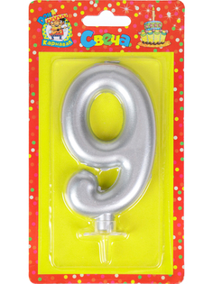 Свеча праздничная цифра 9 Miland Металлик большая серебряная