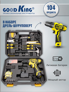 Дрель-шуруповерт GOODKING EC-1201104, 104 предмета, от аккумулятора, 12 В, 20 Нм, 1 АКБ