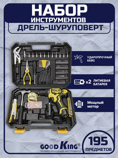 Дрель-шуруповерт GOODKING EC-1202195 195 предмета, От аккумулятора, 12 В, 20 Нм, 2 АКБ
