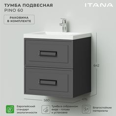 Тумба с раковиной подвесная Итана Pino 60 580х476х642 Графит