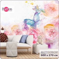 Фотообои флизелиновые 3d Bartonwall Детские цветы и бабочки K03406 600х270 см