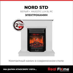 Электрокамин RealFlame Nord белый с очагом Majestic Lux, c пультом ДУ, имитация пламени