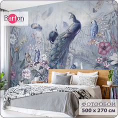 Фотообои флизелиновые 3d Bartonwall Цветы Попугаи и Павлины 500х270 см M20505
