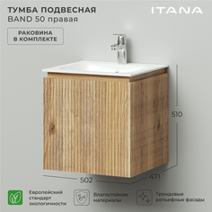 Тумба с раковиной подвесная правая Итана BAND 50 502x471x510 Дуб Мавелла Голд