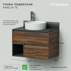 Тумба со столешницей подвесная Итана Amelia 2.0 75 747х481х500 Дуб бурбон