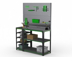Стол-верстак Metalex серия KIT 950х1800х400 с бок. полками, двумя панелями, серо-зеленый