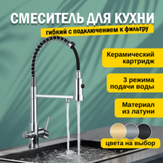 Смеситель для кухни с подключением к фильтру и гибким изливом AB102FS серебро No Brand