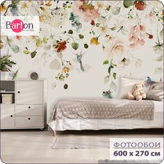 Фотообои Bartonwall на стену флизелиновые 3d растения цветы птицы 600x270 см F070