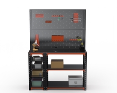Стол-верстак Metalex серия KIT 950х1100х600 с бок. полками, двумя панелями, оранжево-черн.
