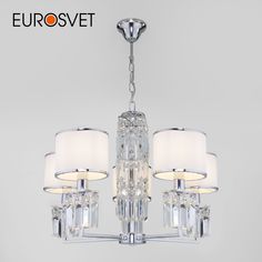 Люстра подвесная с абажурами и хрусталем на 5 рожков Eurosvet 10099/5 хром