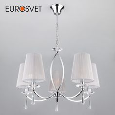 Подвесная люстра с хрусталем на 5 тканевых абажуров Eurosvet Valery 60079/5 Е14 хром