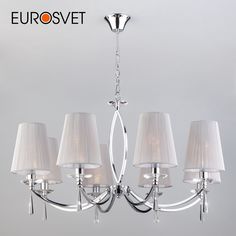 Подвесная люстра с хрусталем на 8 тканевых абажуров Eurosvet Valery60079/8 Е14 хром