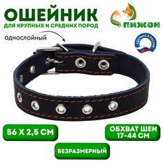 Ошейник кожаный однослойный, безразмерный, 56 х 2.5 см, ош 17-44 см, синий Пижон