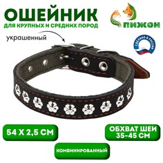 Ошейник комбинированный кожа/брезент, 54 х 2,5 см, украшенный, ош 35-45 см, черный Пижон