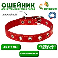 Ошейник кожаный однослойный безразмерный, 45 х 2 см, ош 18-39 см, красный Пижон