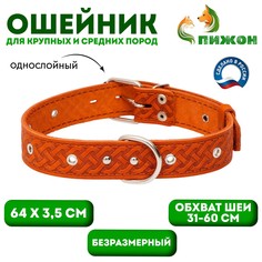 Ошейник кожаный тисненый однослойный, безразмерный, 64 х 3,5 см, ош 31-60 см, рыжий Пижон