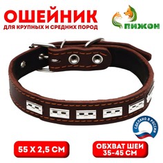 Ошейник кожаный на синтепоне, украшенный, 55 х 2.5 см, ош 35-45 см, коричневый Пижон