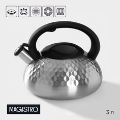Чайник со свистком из нержавеющей стали magistro glow, 3 л, индукция, ручка soft-touch, цвет серебряный