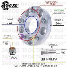 Проставка колёсная 1 шт 20мм 5*120,65 ЦО 70,3 Крепёж в комплекте Гайка + Шпилька М12*1,5 ступичная с бортиком для дисков 1 шт на ступицу Завод проставок ZUZ