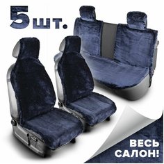 Меховые накидки на весь салон автомобиля с подголовниками на передние автокресла и сиденья заднего ряда со спинками из синего мутона Mex Avto