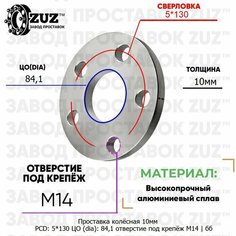 Проставка колёсная 1 шт 10мм 5*130 ЦО 84,1 отверстие под крепёж М14 ступичная без бортика для дисков 1 шт на ступицу 5x130 5х130 ZUZ