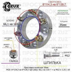 Проставка колёсная 1 шт 35мм 6*114,3 на 6*139,7 ЦО 66,1 на 110 Крепёж в комплекте Гайка + Шпилька М12*1,25 ступичная с бортиком переходная адаптер для дисков 1 шт на ступицу 6x114,3 на 6x139,7 Завод проставок ZUZ