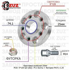 Проставка для дисков 1 шт 25мм: 5*120 ЦО (dia): 74.1мм с бортиком крепёж в комплекте Болты и Футорки M14 * 1.25 применяемость: BMW Завод проставок ZUZ