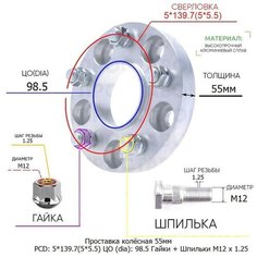 Проставка для дисков 1 шт 55мм: 5*139.7(5*5.5) ЦО (dia): 98.5мм с бортиком крепёж в комплекте Гайки и Шпильки M12 * 1.25 применяемость: Chevrolet ВАЗ Лада Завод проставок ZUZ