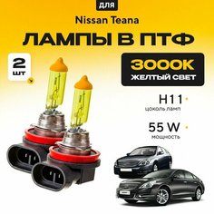 Желтый свет 3000К галогеновые лампочки H11 в ПТФ для Nissan Teana II (J32) дорест. и рест. 2008-2013. H11 в туманки для Ниссан Теана. Галоген в противотуманные фары Va24 Ru