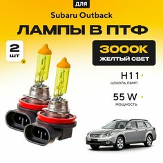 Желтый свет 3000К галогеновые лампочки H11 в ПТФ для Subaru Outback IV (BR/B14) 2009-2014. H11 в туманки для Субару Аутбэк. Галоген в противотуманные фары