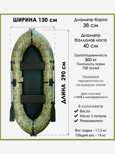 Лодка гребная двухместная 290 Турист ПВХ 750 Камуфляж Трава, Зеленый Marlin Tour