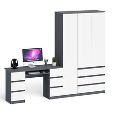 Стол СВК Мори МС2 2-х тумбовый со шкафом-комодом графит/белый, 256х50х210 см