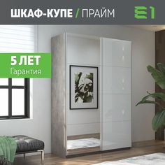 Шкаф-купе Е1 Прайм, 2дв. Зеркало/Белый Глянец/доводчики, 160х57х230, Бетон
