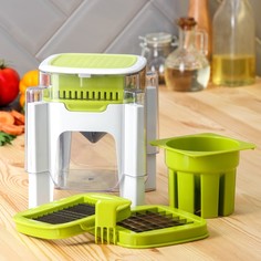 Овощерезка универсальная с контейнером доляна fresh cook, 3 сменные насадки и пушер, 14,5×14,5×21 см, цвет бело-зеленый