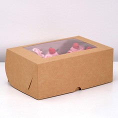 Коробка на 6 капкейков с окном, крафт, 25×17×10 см, набор 5 шт. No Brand