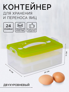 Контейнер для хранения яиц, 24 ячейки, двухуровневый, пластик, 24×16×11 см, зеленый No Brand