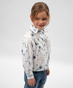 Блузка с длинным рукавом детская из поплина с цветочным рисунком белая Gulliver