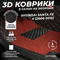 Кожаные 3D коврики в салон с бортами с красным ворсом для Hyundai Santa Fe II (2006-2012) черные с красной строчкой Autozs