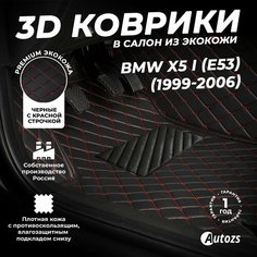 Кожаные 3D коврики в салон с бортами для BMW X5 I (E53) (1999-2006) черные с красной стежкой / БМВ Х5 1 (E53) (1999-2006) Autozs