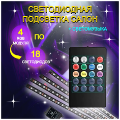 Светодиодная автомобильная подсветка салона с ИК-пультом и цветомузыкой на 72 диода Без бренда