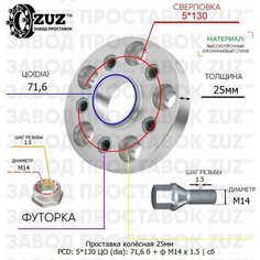 Проставка колёсная 1 шт 25мм 5*130 ЦО 71,6 Крепёж в комплекте Болт + Футорка М14*1,5 ступичная с бортиком для дисков 1 шт на ступицу 5x130 5х130 Завод проставок ZUZ