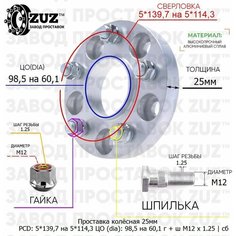 Проставка колёсная 1 шт 25мм 5*139,7 на 5*114,3 ЦО 98,5 на 60,1 Крепёж в комплекте Гайка + Шпилька М12*1,25 с бортиком Завод проставок ZUZ