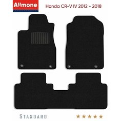 Ворсовые автомобильные коврики в салон "Стандарт" для Honda CR-V 4 (RE, RM) 2012 - 2018 задний цельный, черные, 3шт. / Хонда ЦРВ 4 Allmone