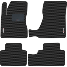 Автомобильные коврики EVA для Hyundai Tucson I (2004-2010), с каучуковым подпятником и 2 эмблемами Hyundai, чёрные с чёрным кантом, ячейка - ромб Carstar