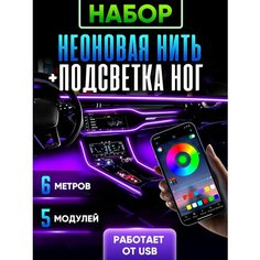 Неоновая нить для подсветки салона автомобиля, подсветка ног в авто, с управлением со смартфона bluetooth, USB, 5 разветвлений + 4 модуля Illumi Car