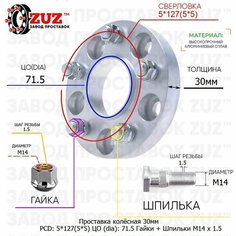 Проставка для дисков 1 шт 30мм: 5*127(5*5) ЦО (dia): 71.5мм с бортиком крепёж в комплекте Гайки и Шпильки M14 * 1.5 применяемость: Jeep Завод проставок ZUZ