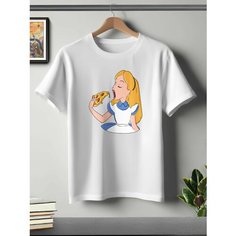 Футболка ONEQ унисекс 50-52 (XL) размер с принтом Алиса в стране чудес, белая, размер XL, белый