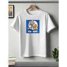 Футболка ONEQ унисекс 50-52 (XL) размер с принтом Том и Джерри, белая, размер XL, белый