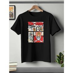 Футболка ONEQ унисекс 56-58 (3XL) размер с принтом Том и Джерри, черная, размер 3XL, черный
