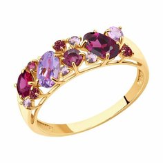 Кольцо Diamant online, красное золото, 585 проба, родолит, аметист, размер 16.5, микс